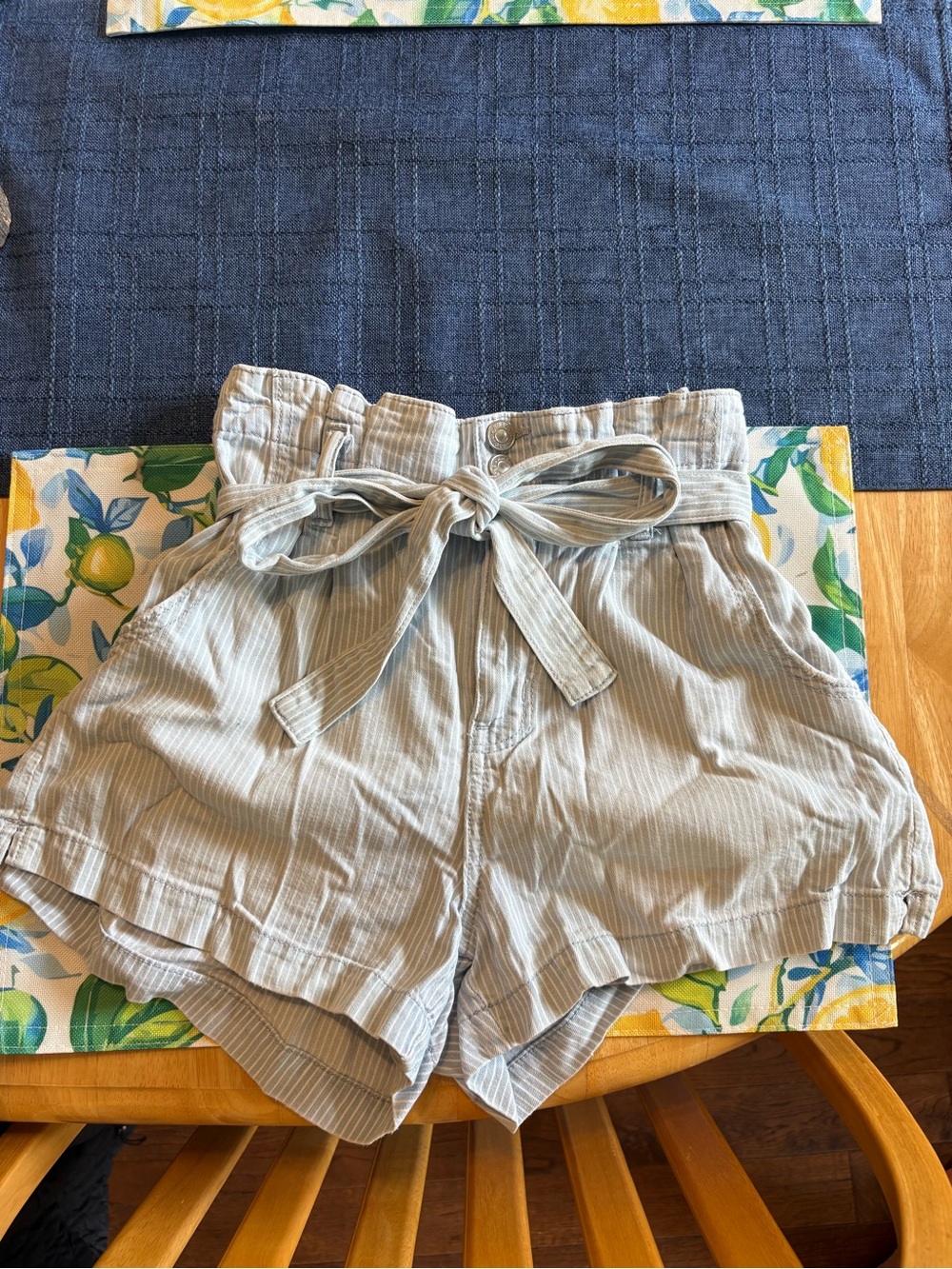 American Eagle Outfitters White and Blue Striped Tie-Waist Shorts